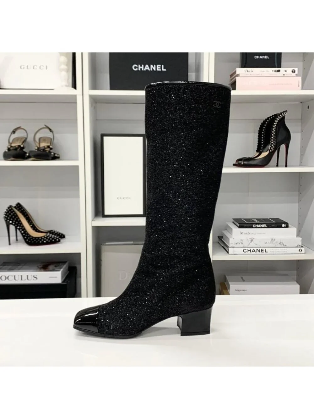 Chanel CC Logo Fabric Patent Glitter Long Boots Black